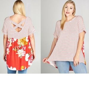 New Plus Size Floral & Red Stripe Print Top